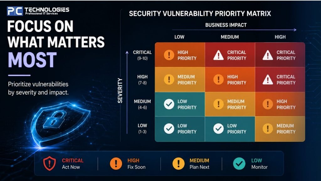 Cybersecurity risk roadmap organizing vulnerabilities by severity, business impact, and recommended remediation priority.